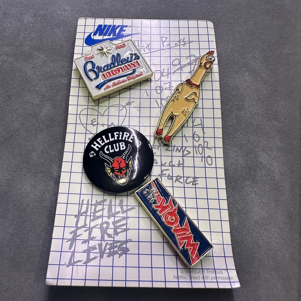 Nike Stranger Things Pin Lot – Hellfire Club, Nike, Braddock Big Bun, Waffle
